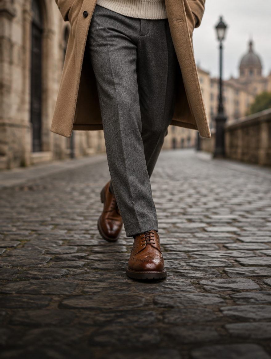 Man in grey trousers wearing tan brogue Derby shoes