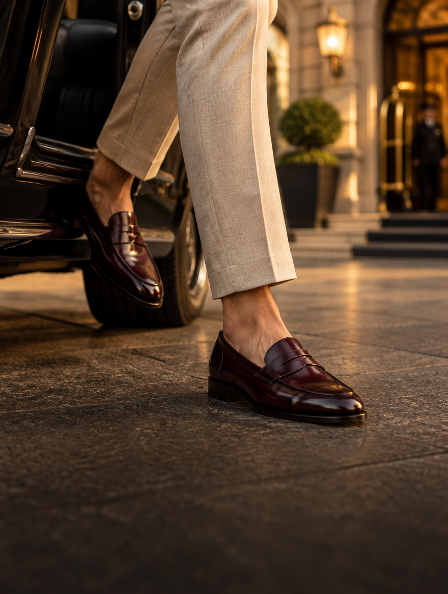 Man stepping out of a car in burgundy leather dress loafers