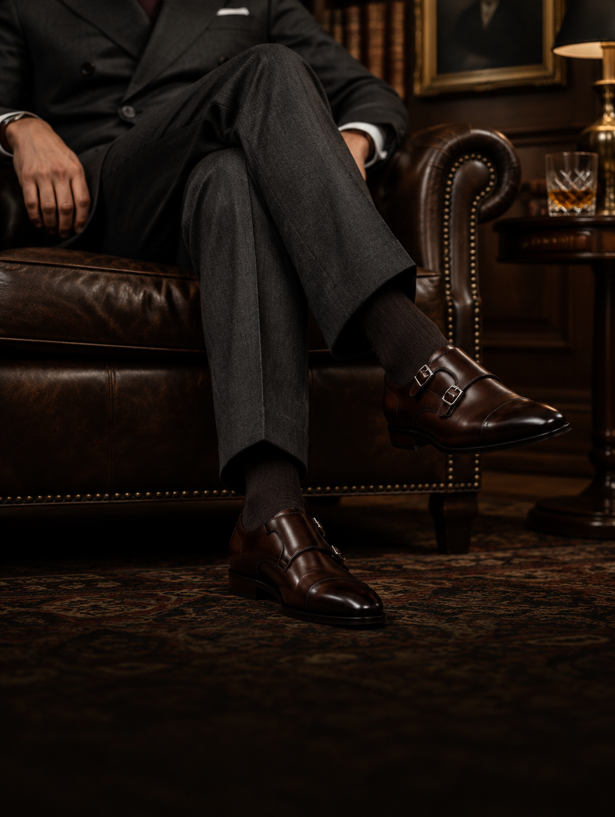 Man in a charcoal suit wearing brown double monk strap shoes