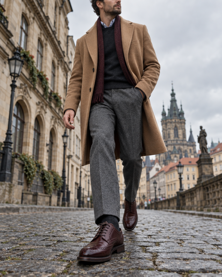 Brown leather double monk strap shoes with navy chinos