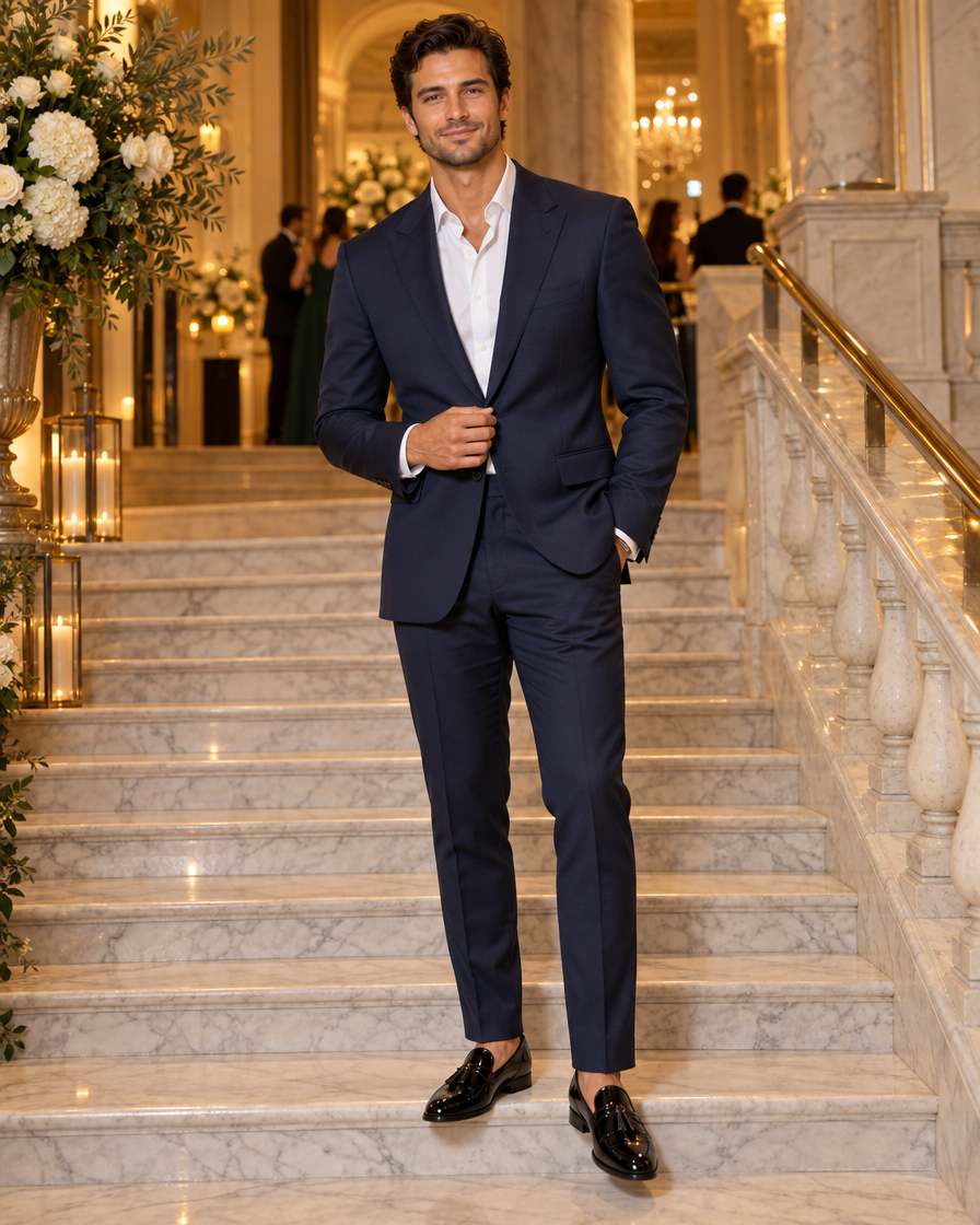 Man in a charcoal suit wearing black leather Oxford shoes