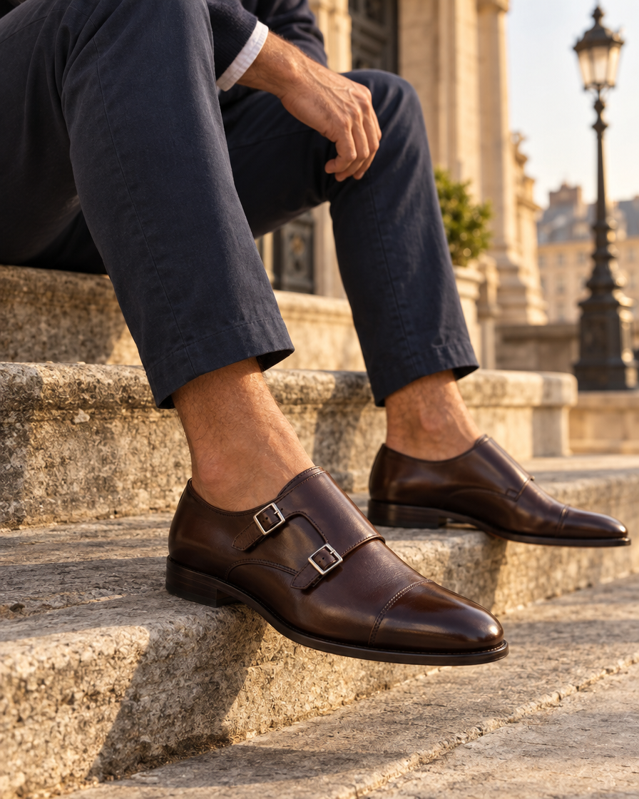 Burgundy leather brogue derby shoes on a cobblestone street