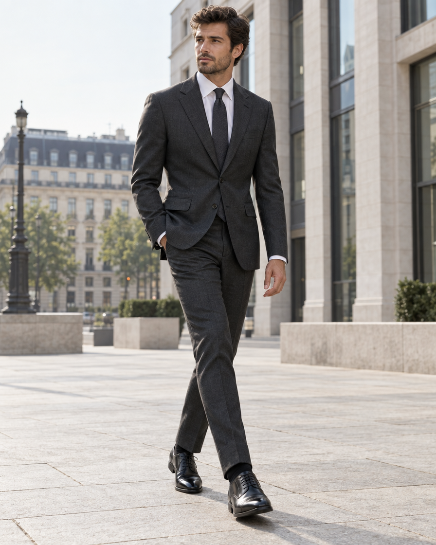 Man in a navy suit wearing black patent tassel loafers