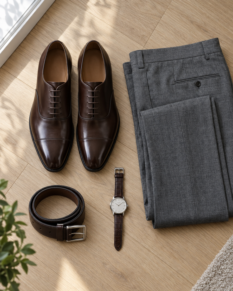 Brown leather Oxford shoes with a belt and watch